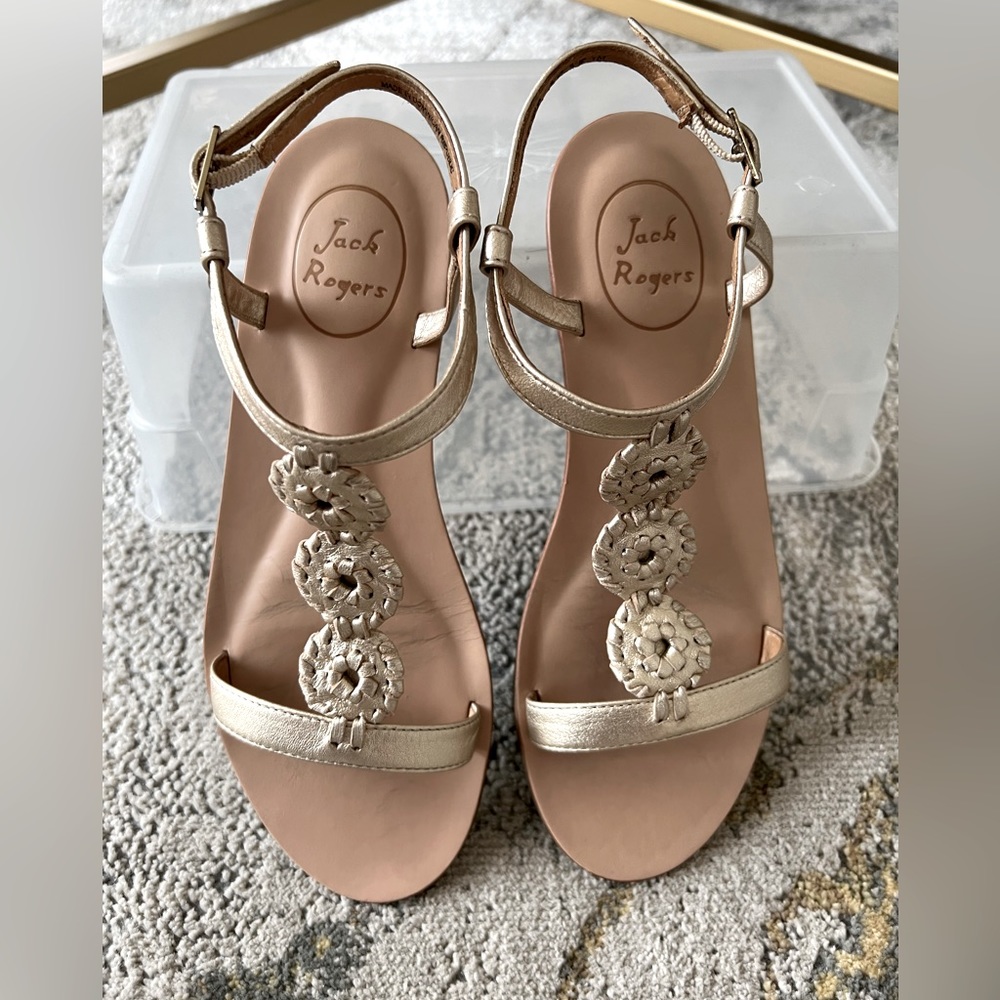 Jack Rogers Eve wedge leather gold ankle strap adjustable sandals size 7.